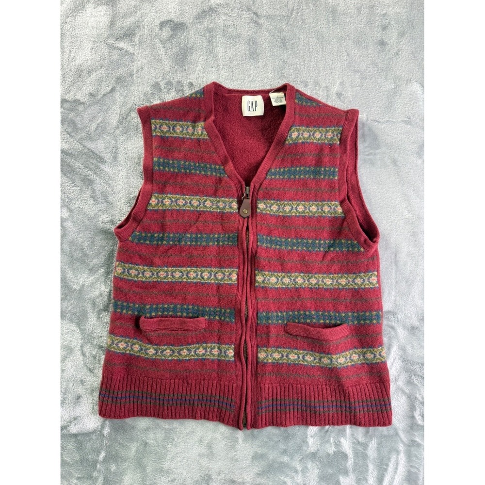 Gap Men's Sweater Vest L Burgundy Leather-look Zipper Pull Vintage Fair Isle